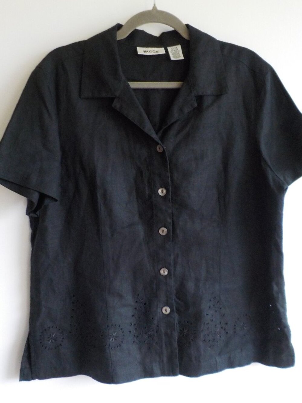 Units Blouse - Large - LINEN Black Button Up Short Sleeve (2440)